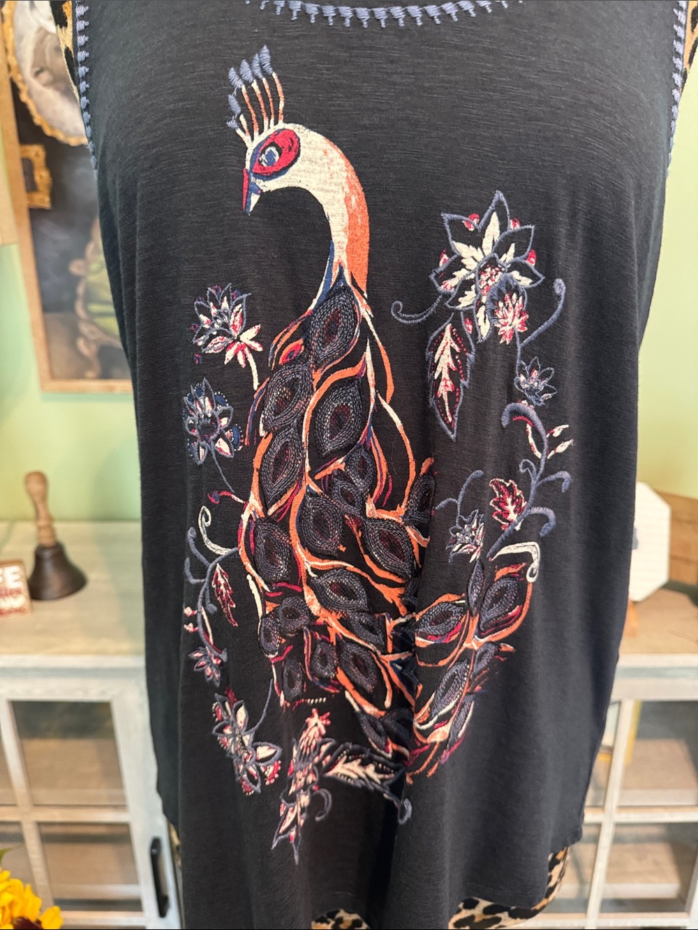 Lucky Brand Dark Navy Peacock Embroidered Tank Top - - Picture 2 of 8